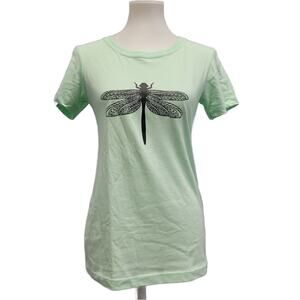 New Hand Printed Womens Small Dragonfly Short Sleeve Cotton Blend Crew Neck Tee
